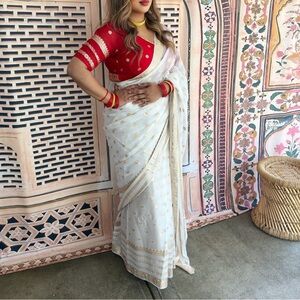 Red and White Saree with Gold Accents